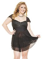 Babydoll with metallic lace cups and removable sleeves, plus size